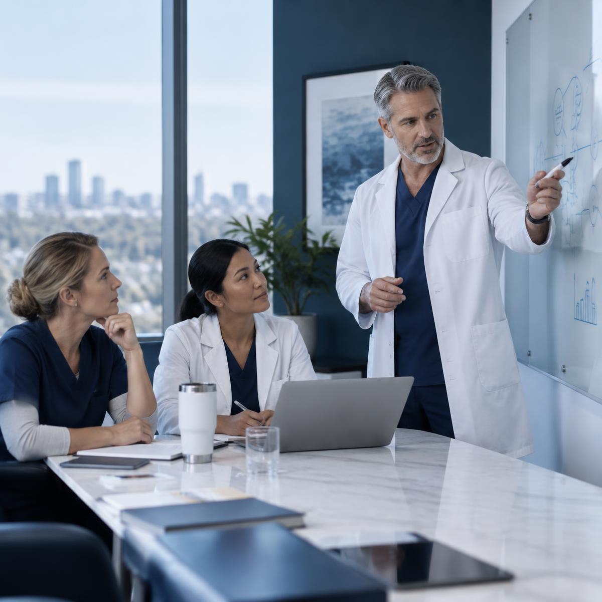 Clinicians collaborating during a leadership meeting