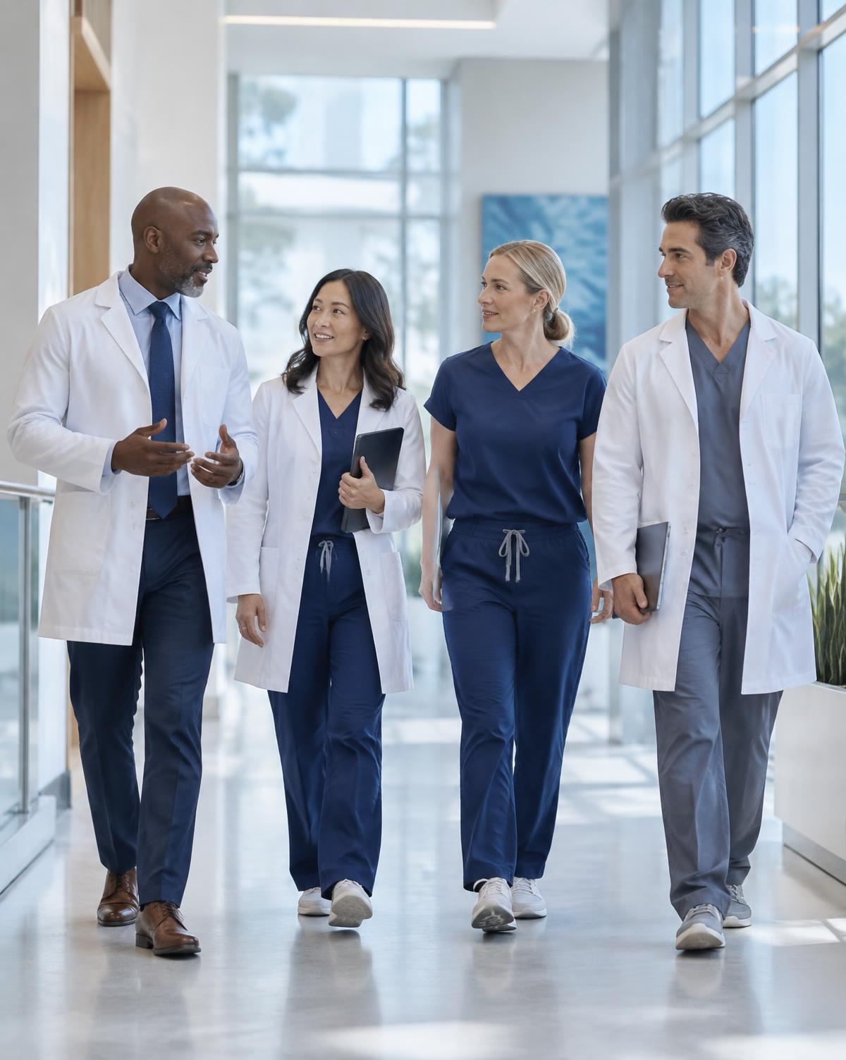An interdisciplinary clinical team walking through a modern healthcare facility